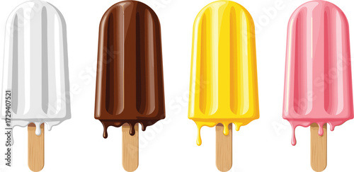 Colorful melting popsicles, summer dessert, sweet treat, ice cream sticks, vibrant snack, glossy design, vector illustration, frozen food concept