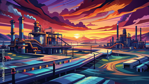 very beautiful Natural gas facility digital painting with impressionist strokes glowing pipelines under a twilight sky