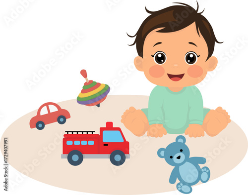 A baby sits on an oval rug surrounded by children's toys. Isolated vector illustration.