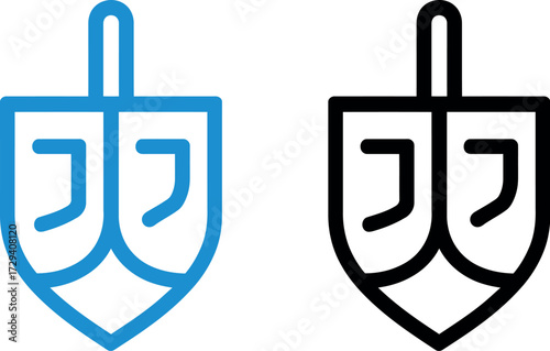 Simple graphic icons of a dreidel, one in blue outline and one in black outline.