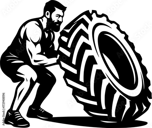 Black and white vector silhouette of crossfit tire flip, minimalist fitness design capturing strength, motion and explosive energy for creative workout and sports projects