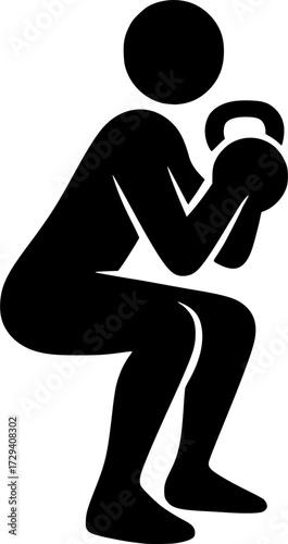 Minimal black and white vector silhouette of kettlebell goblet squat, fitness design capturing strength, balance and motion for creative workout and sports projects