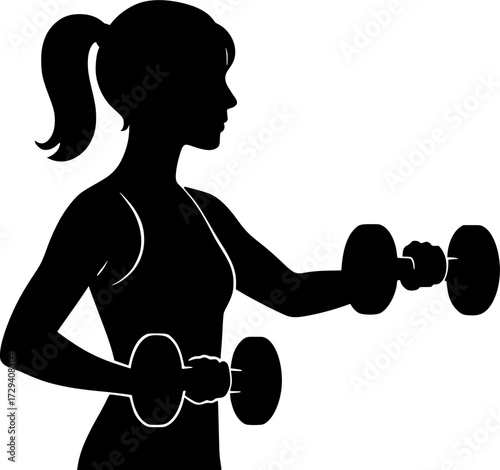 Minimal black silhouette of woman holding dumbbells sideways, perfect vector for fitness posters, gym icons, workout logos, and modern stock design