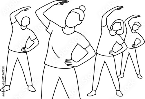 Minimal black and white line art of a group warm-up session, elegant vector illustration perfect for fitness, sports, gymnastics, acrobatics, training, and minimal design projects