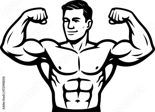 Black and white vector silhouette of man flexing biceps, minimalist fitness design capturing strength, power and confidence for creative sports and workout projects