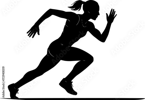 Monochrome vector silhouette of female athlete sprinting, minimalist fitness design capturing speed, motion and power for creative sports and workout projects