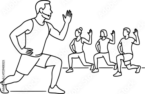 Minimal black and white outline of a fitness trainer leading class, elegant vector illustration perfect for workout, sports, aerobics, group training, wellness, and minimal design projects