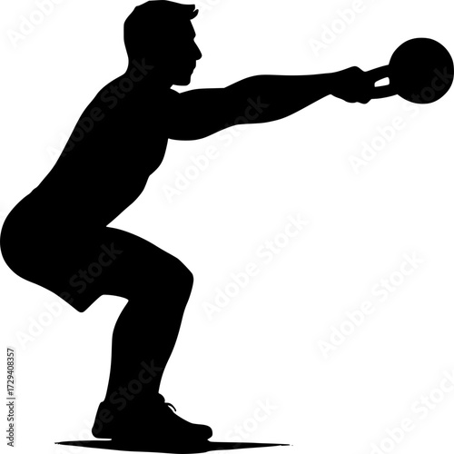Monochrome vector silhouette of kettlebell swing, minimalist fitness design capturing dynamic motion, strength and energy for creative sports and workout projects
