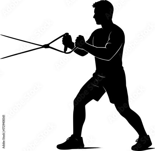 Monochrome silhouette of man pulling resistance bands, minimal vector design ideal for fitness posters, gym icons, workout logos, and stock illustrations