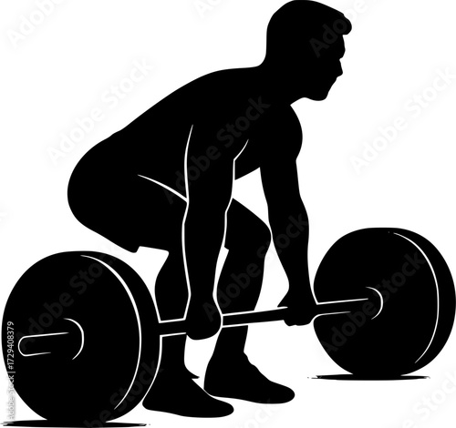 Monochrome silhouette of man deadlifting, minimal black vector perfect for fitness posters, gym icons, strength training logos, and modern stock illustrations