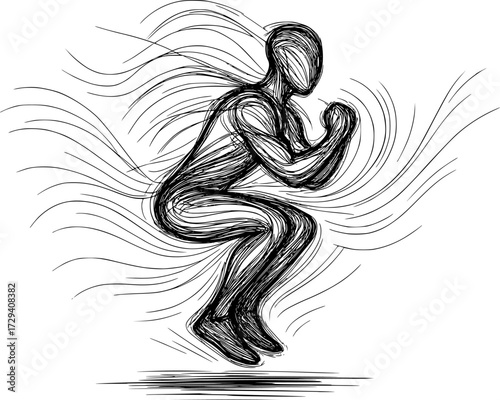 Abstract curved lines forming dynamic squat jump pose, modern minimal vector design for fitness posters, icons, and stock illustrations
