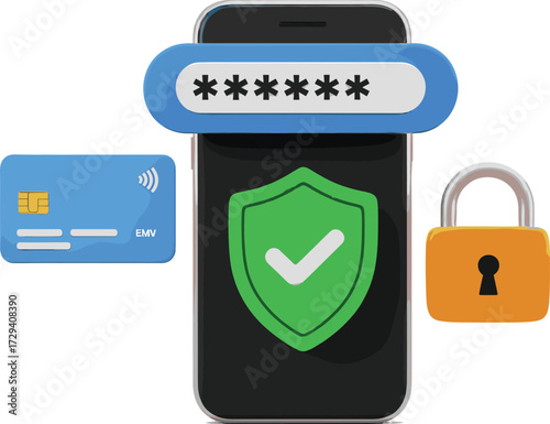Cybersecurity concept, smartphone shield icon, password protection, secure transaction, credit card security, data encryption, vector design, digital safety
