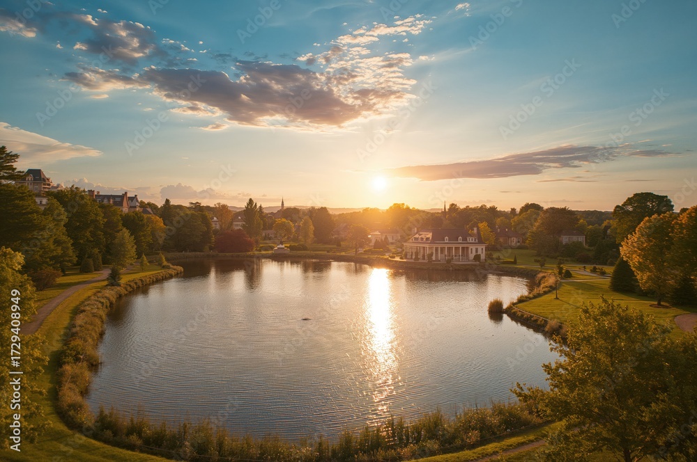Obraz premium Sunset over a serene lake with a house and summer sky