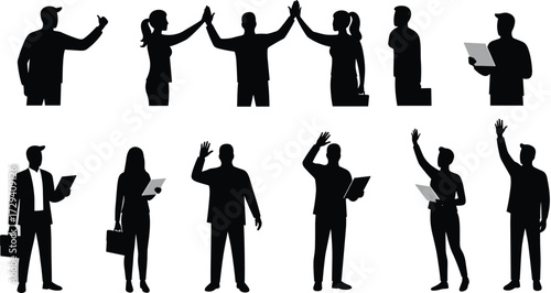 Business people silhouettes greeting, waving, high five teamwork success