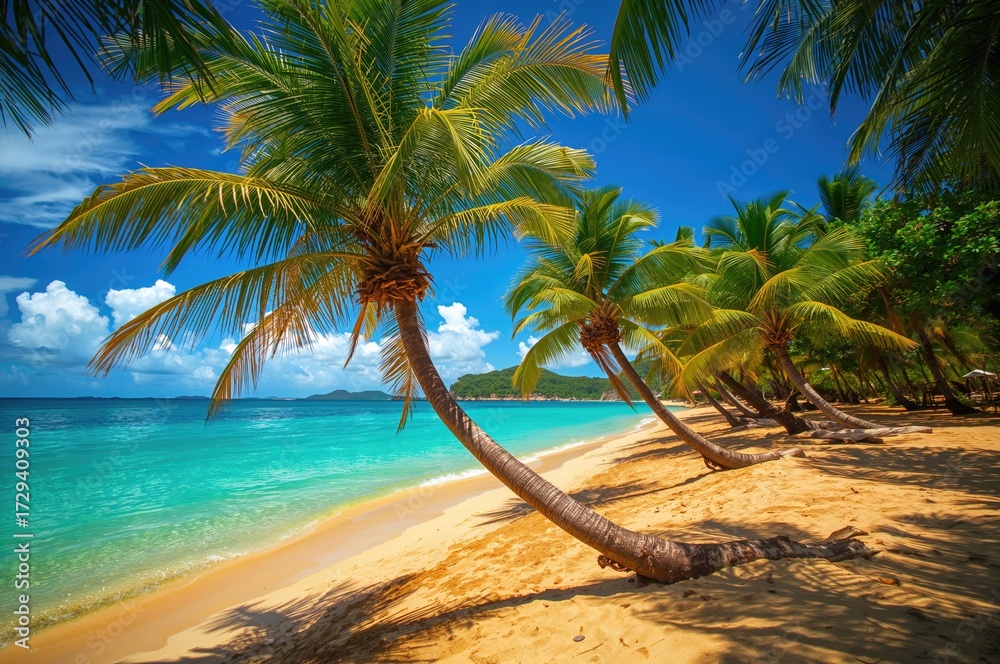 Obraz premium Tropical paradise featuring pristine shores lined with palm trees and crystal-clear waters