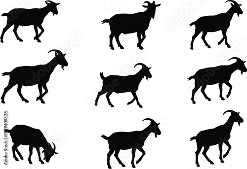 Set of black goat silhouettes in various poses, ideal for farm animal vector design, clipart, livestock artwork, and educational use.