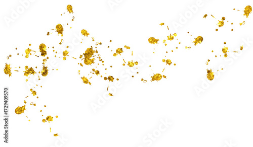 Gold glitter particles, glow, shimmer, splatter. Festive golden decoration, isolated on transparent background