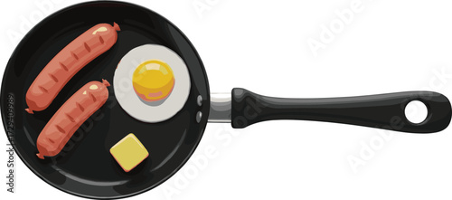 Frying pan with egg, sausages, butter vector illustration, breakfast food design, cooking concept, kitchen meal, isolated white background