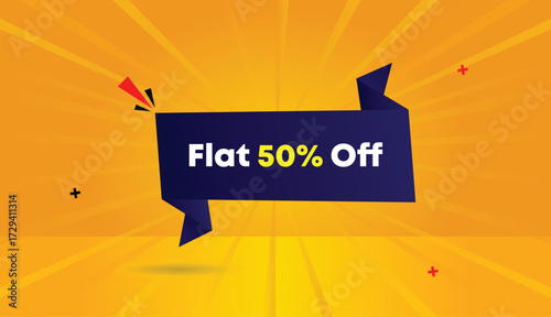 Editable web banner vector art label icon badge template design flat fifty percent off dark blue gradient shapes orange yellow sun shine abstract business background illustration