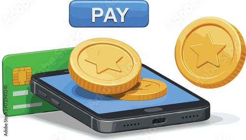 Mobile payment vector illustration, smartphone with coins, credit card, digital transaction concept, fintech design, online finance, isolated background