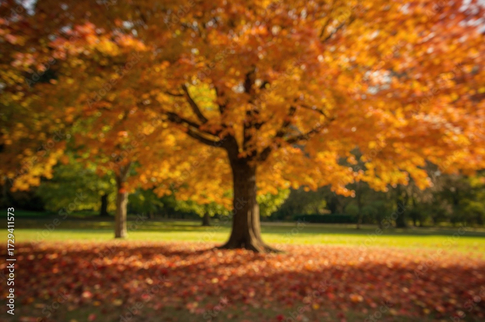 Naklejka premium Golden October day outdoors with sunlit autumn leaves and a blurred scenic landscape, featuring a vibrant tree and ample advertising space on the leafy ground