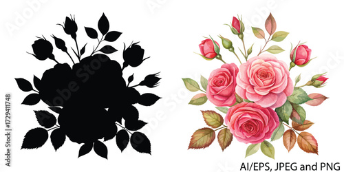 Beautiful pink roses and silhouette floral arrangement digital art elements vector