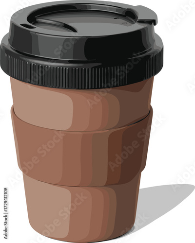Reusable coffee cup, black lid, brown ribbed design, silicone grip, eco-friendly drinkware, hot beverage container, vector illustration, sustainability