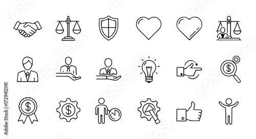 Ethical Business Icons Line Art Set for Trust, Value, and Quality Assurance