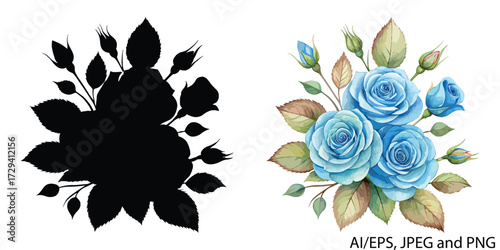 Beautiful blue roses bouquet detailed floral arrangement elegant garden flowers vector