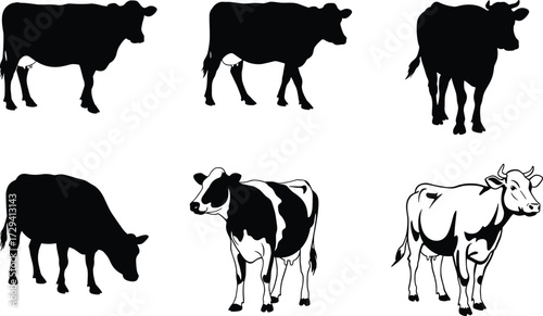 Set of cow illustrations in black silhouette and detailed style, ideal for farm animal vector design, clipart, and educational use.