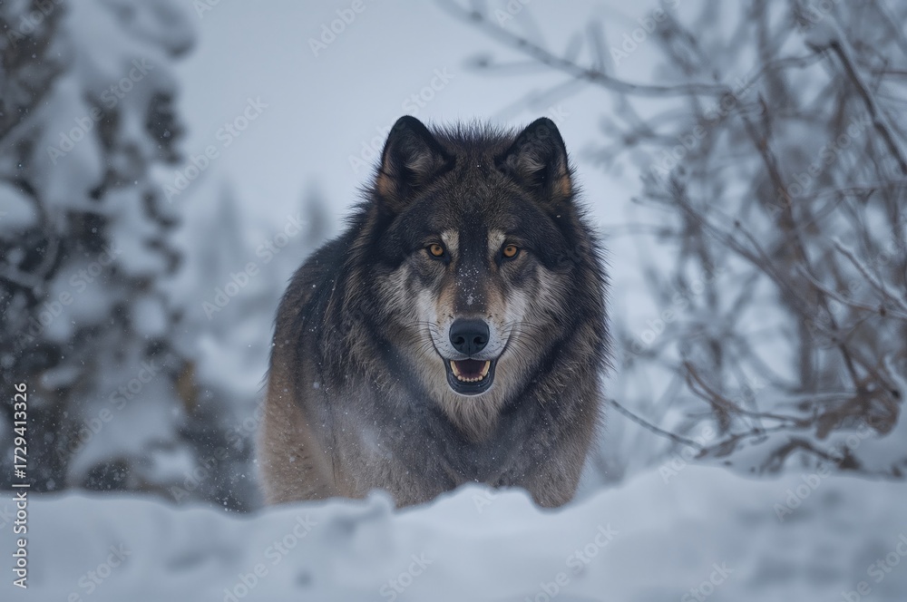 Naklejka premium Wild Canis lupus pambasileus captured on camera in natural habitat