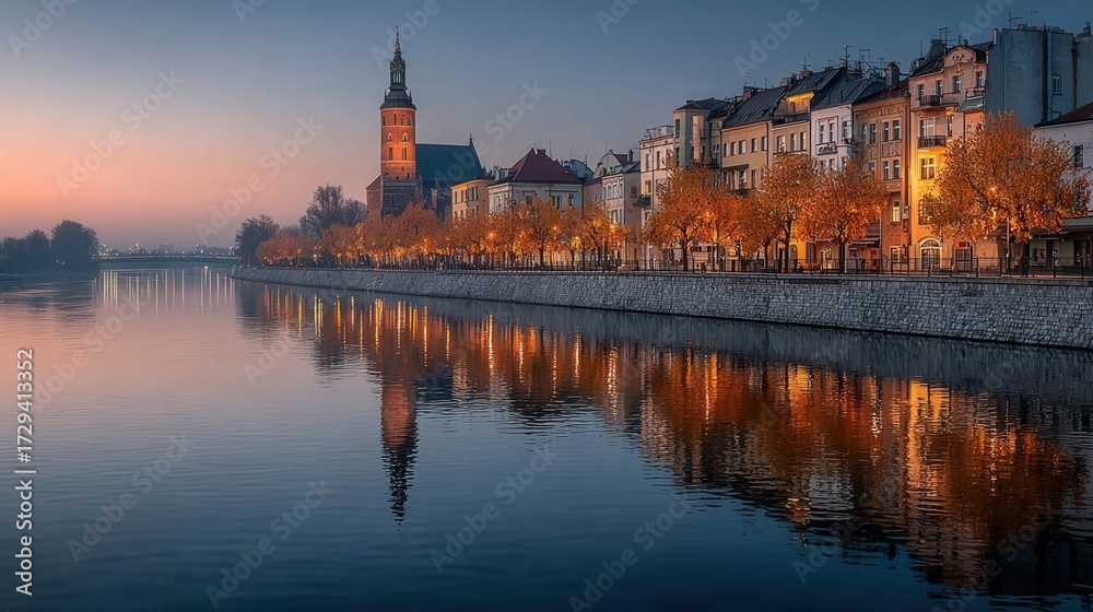 Obraz premium Cityscape at Sunset with Reflections on the River