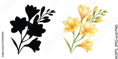 Elegant yellow freesia flowers with silhouette detail for artistic design projects vector