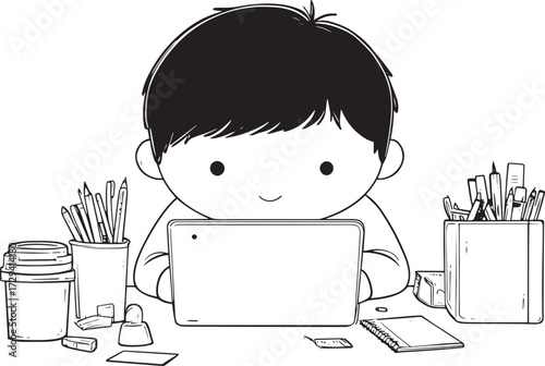 Focused Scholar at Work: A charming illustration of a dedicated young student intently focused on their tablet device, surrounded by a collection of pens, pencils, and a cup of coffee.