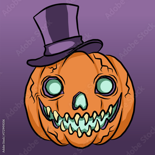 Evil Pumpkin Head with Top Hat Creepy Halloween Illustration