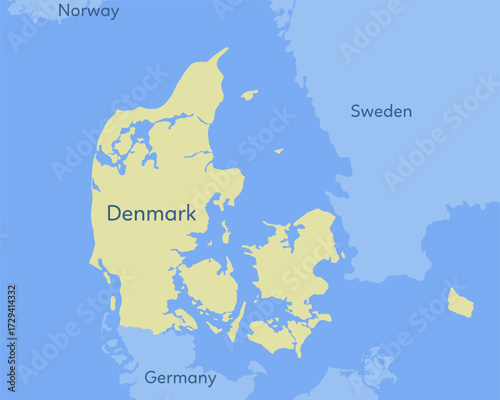 Map of Denmark with neighbouring Sweden, Germany and Norway. 