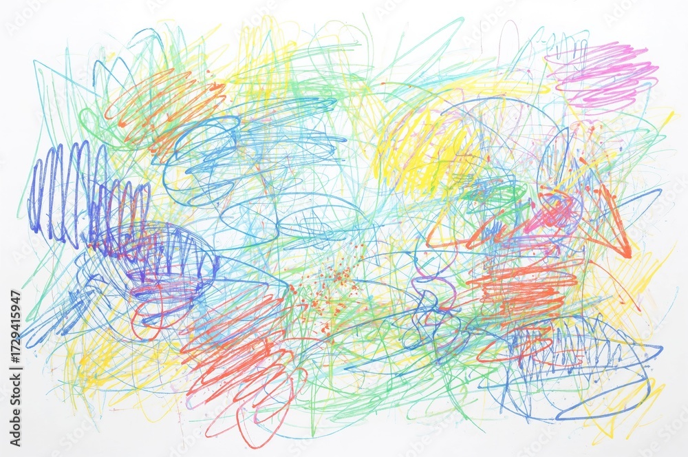 Fototapeta premium Colorful crayon drawings decorating the wall, a child's creative expression