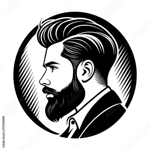 Vector-style logo illustration of a man’s profile, featuring slicked-back hair and a full beard, designed with high contrast and modern elegance."