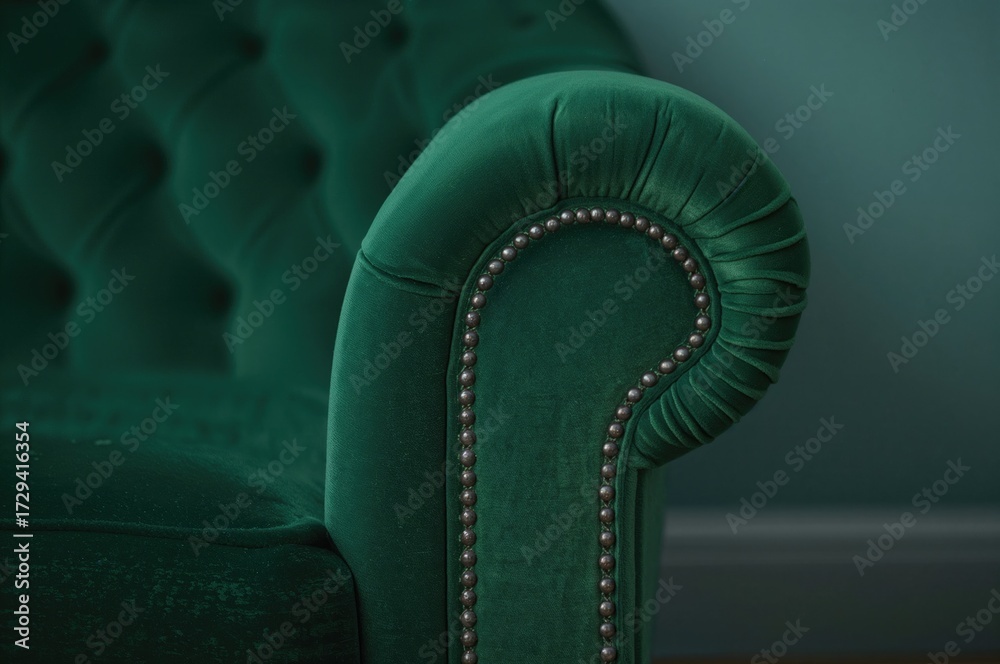Obraz premium Emerald velour fabric quilted classic sofa backdrop with stitched details.