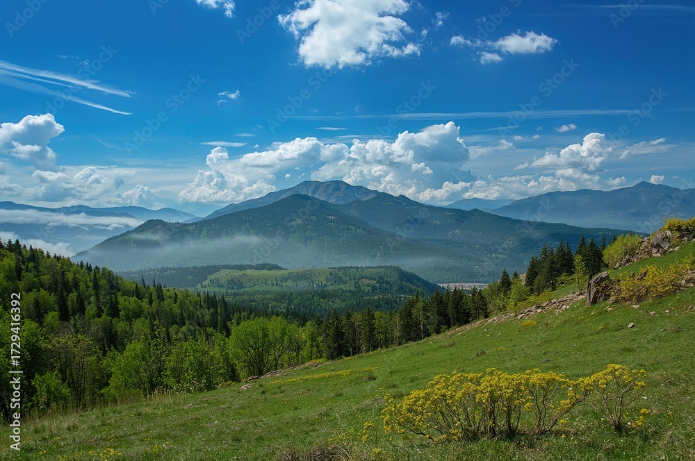Fototapeta premium Stunning Mountain Scenery with Clear Skies and Puffy Clouds