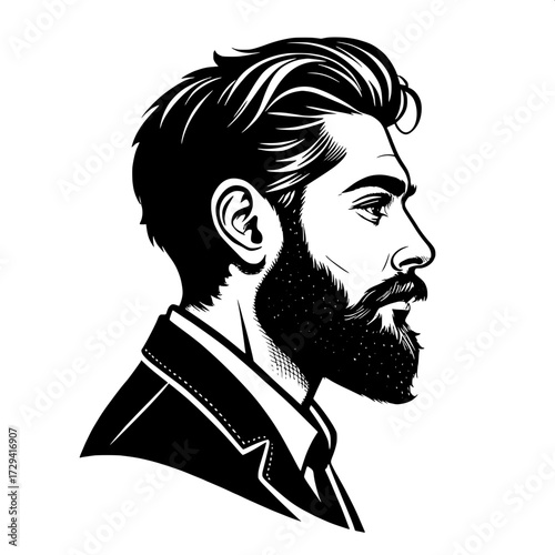 Stylized silhouette-style profile of a man with well-groomed beard and mustache, created with strong black ink strokes on a white background."