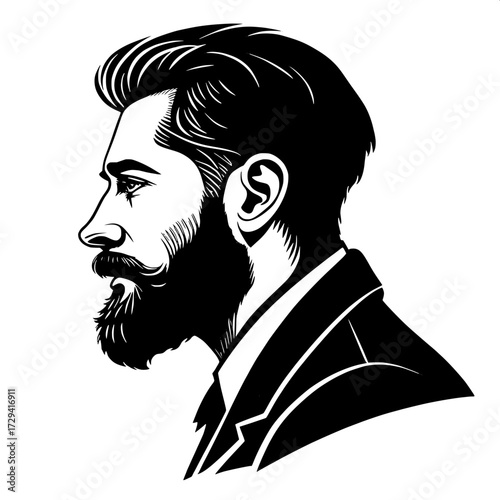 Stylized silhouette-style profile of a man with well-groomed beard and mustache, created with strong black ink strokes on a white background."