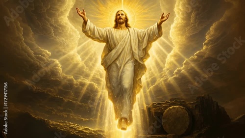 Resurrected Jesus Christ Ascending to Heaven in Divine Glory