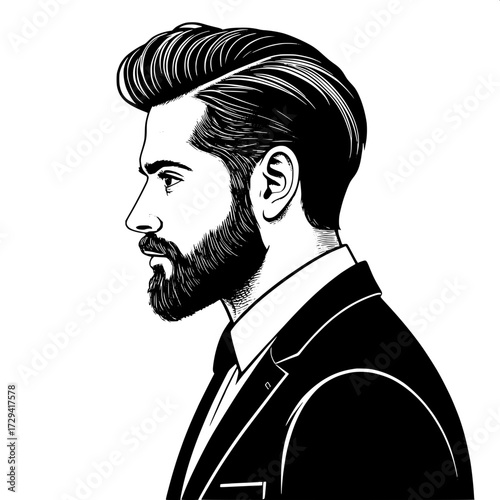 Bold black and white graphic illustration of a sophisticated man with slick hair and beard, viewed from the side, drawn in a clean, minimalist aesthetic."
