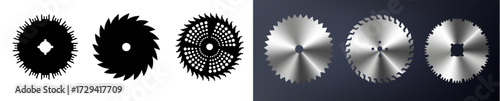 Circular saw blade. Round carpentry tool icons. Industrial rotary wheels. Vector