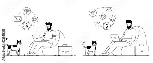 Vector art of man working remotely with laptop, cat, and wifi icon in outline style