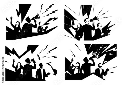 Vector art of group of people protesting with megaphone, showing activism and demonstration