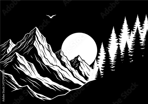Vector art of majestic mountain range with pine trees and a full moon in a serene black and white landscape