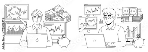 Vector art of financial analyst concept with man, laptop, graph and money