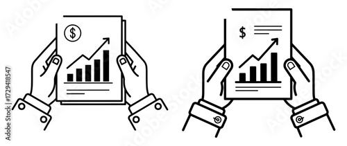 Illustration of hands holding documents with graphs showing an upward trend
